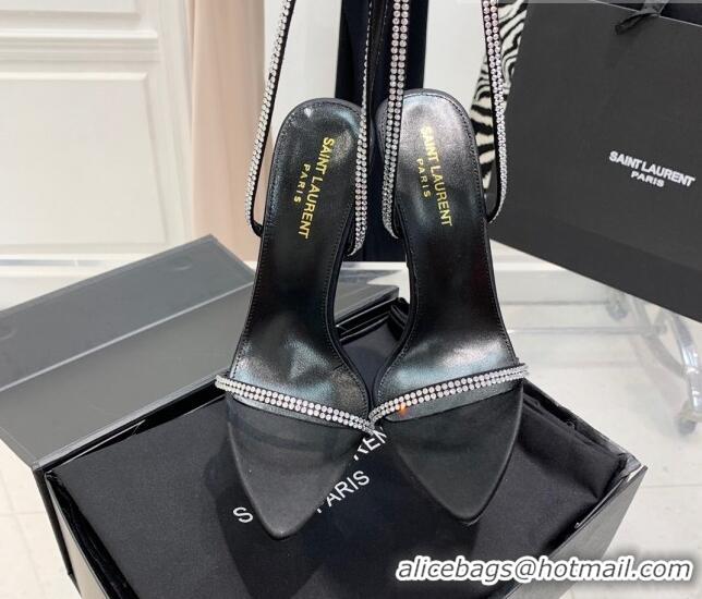 Top Design Saint Laurent Georgia Black Silk High Heel Sandals 11cm with Crystal and Cross Strap 022529