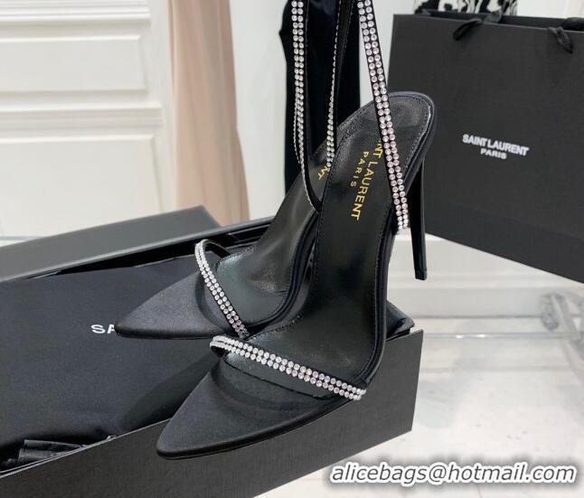 Top Design Saint Laurent Georgia Black Silk High Heel Sandals 11cm with Crystal and Cross Strap 022529