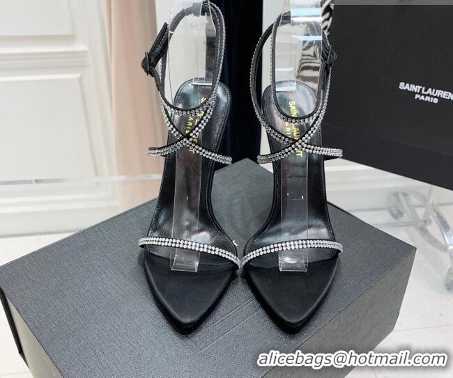 Top Design Saint Laurent Georgia Black Silk High Heel Sandals 11cm with Crystal and Cross Strap 022529