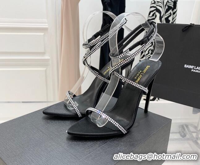 Top Design Saint Laurent Georgia Black Silk High Heel Sandals 11cm with Crystal and Cross Strap 022529