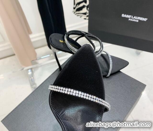 Top Design Saint Laurent Georgia Black Silk High Heel Sandals 11cm with Crystal and Cross Strap 022529