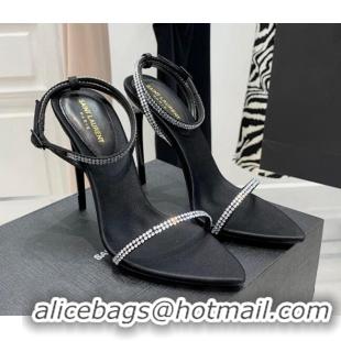 Charming Saint Laurent Ava Black Silk High Heel Sandals 11cm with Crystal and Ankle Strap 022530