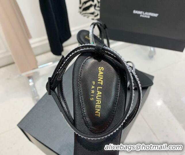 Charming Saint Laurent Ava Black Silk High Heel Sandals 11cm with Crystal and Ankle Strap 022530