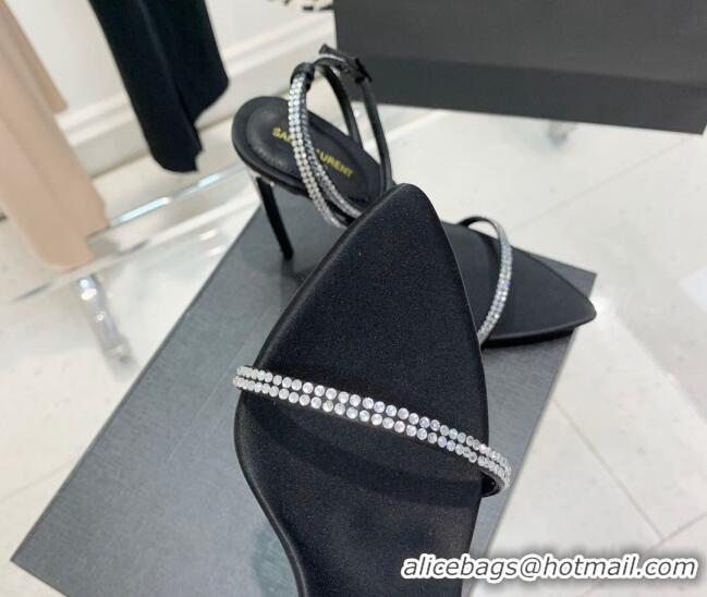 Charming Saint Laurent Ava Black Silk High Heel Sandals 11cm with Crystal and Ankle Strap 022530