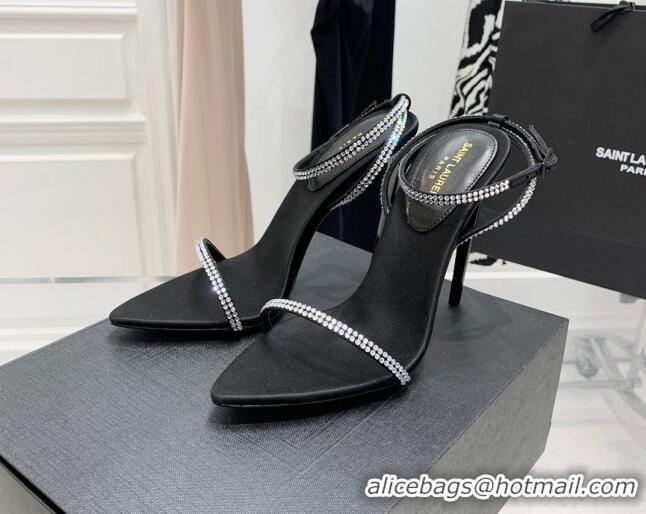 Charming Saint Laurent Ava Black Silk High Heel Sandals 11cm with Crystal and Ankle Strap 022530