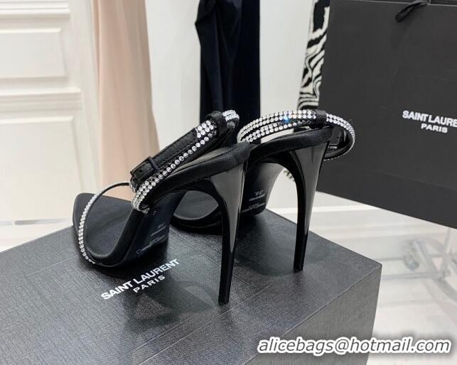 Charming Saint Laurent Ava Black Silk High Heel Sandals 11cm with Crystal and Ankle Strap 022530