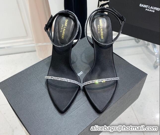 Charming Saint Laurent Ava Black Silk High Heel Sandals 11cm with Crystal and Ankle Strap 022530