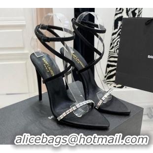 Popular Style Saint Laurent Gloria Black Silk High Heel Sandals 11cm with Crystal and Cross Strap 022531