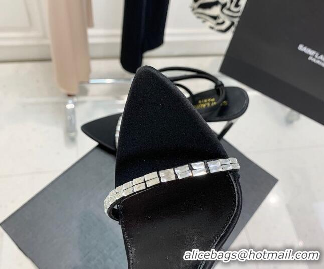 Popular Style Saint Laurent Gloria Black Silk High Heel Sandals 11cm with Crystal and Cross Strap 022531