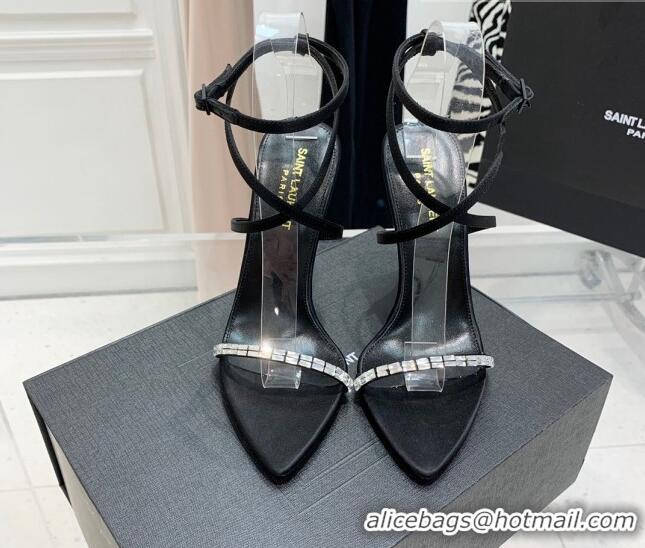 Popular Style Saint Laurent Gloria Black Silk High Heel Sandals 11cm with Crystal and Cross Strap 022531