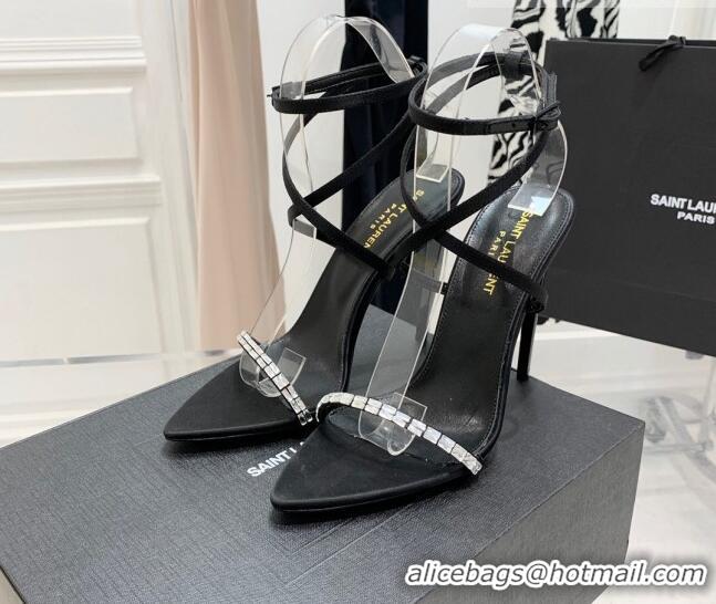 Popular Style Saint Laurent Gloria Black Silk High Heel Sandals 11cm with Crystal and Cross Strap 022531