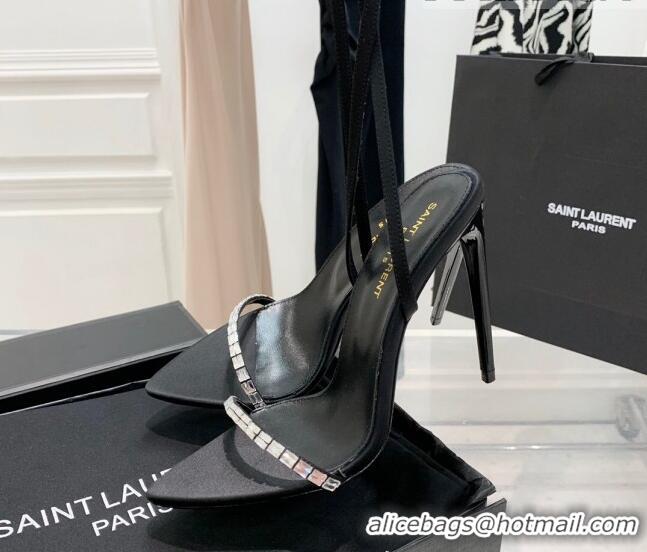 Popular Style Saint Laurent Gloria Black Silk High Heel Sandals 11cm with Crystal and Cross Strap 022531