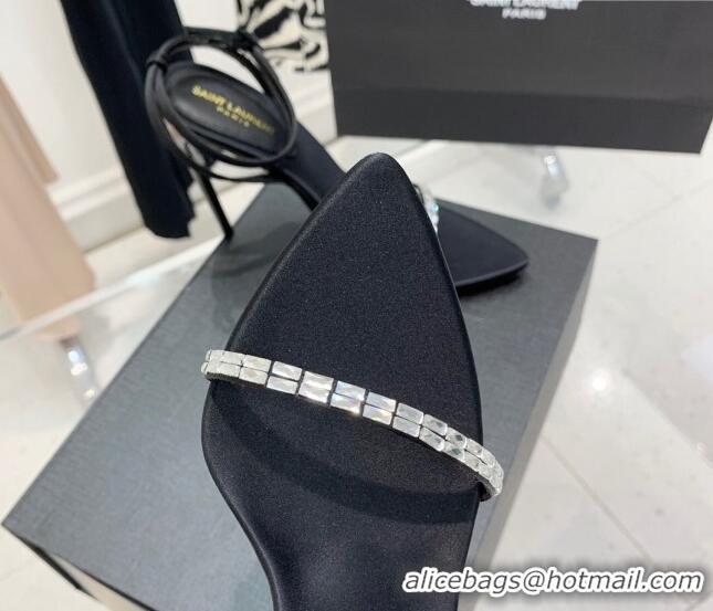 Good Product Saint Laurent Gloria Black Silk High Heel Sandals 11cm with Crystal and Ankle Strap 022532