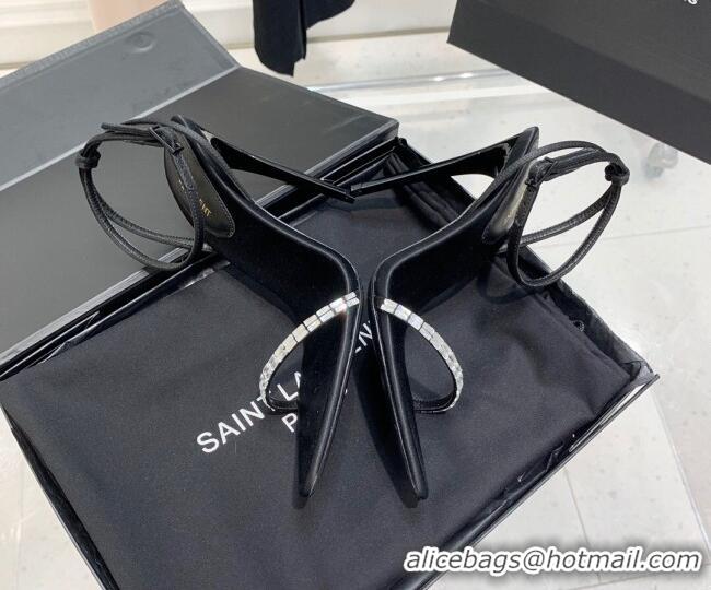 Good Product Saint Laurent Gloria Black Silk High Heel Sandals 11cm with Crystal and Ankle Strap 022532