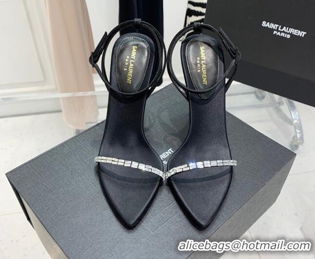 Good Product Saint Laurent Gloria Black Silk High Heel Sandals 11cm with Crystal and Ankle Strap 022532