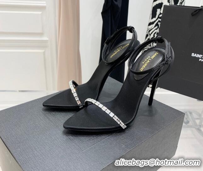 Good Product Saint Laurent Gloria Black Silk High Heel Sandals 11cm with Crystal and Ankle Strap 022532