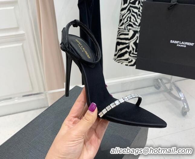 Good Product Saint Laurent Gloria Black Silk High Heel Sandals 11cm with Crystal and Ankle Strap 022532