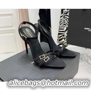 Shop Duplicate Saint Laurent Lila Black Silk and Leather High Heel Sandals 11cm with Crystal 022533