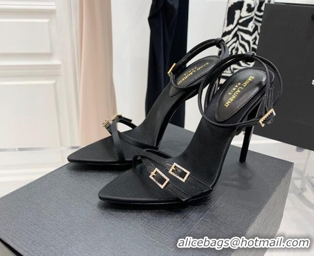 Shop Duplicate Saint Laurent Lila Black Silk and Leather High Heel Sandals 11cm with Crystal 022533