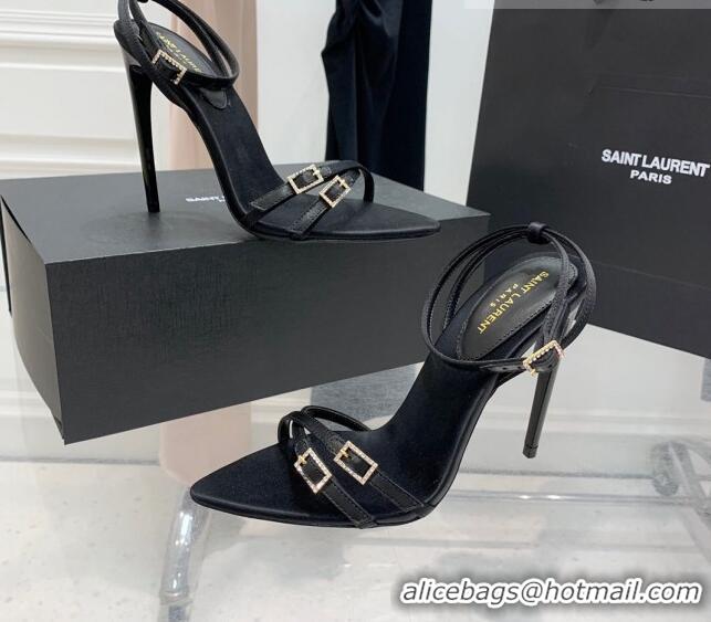 Shop Duplicate Saint Laurent Lila Black Silk and Leather High Heel Sandals 11cm with Crystal 022533