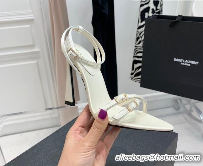 Good Quality Saint Laurent Lila Silk and Leather High Heel Sandals 11cm with Crystal Buckle White 022538