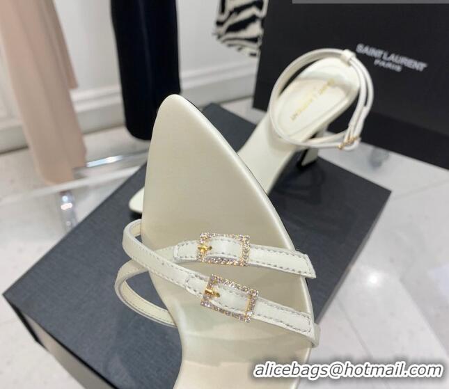 Good Quality Saint Laurent Lila Silk and Leather High Heel Sandals 11cm with Crystal Buckle White 022538