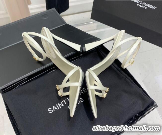 Good Quality Saint Laurent Lila Silk and Leather High Heel Sandals 11cm with Crystal Buckle White 022538