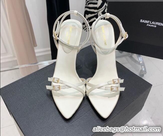 Good Quality Saint Laurent Lila Silk and Leather High Heel Sandals 11cm with Crystal Buckle White 022538