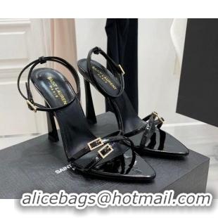 Most Popular Saint Laurent Lila Patent Leather High Heel Sandals 11cm with Crystal Buckle Black 022534