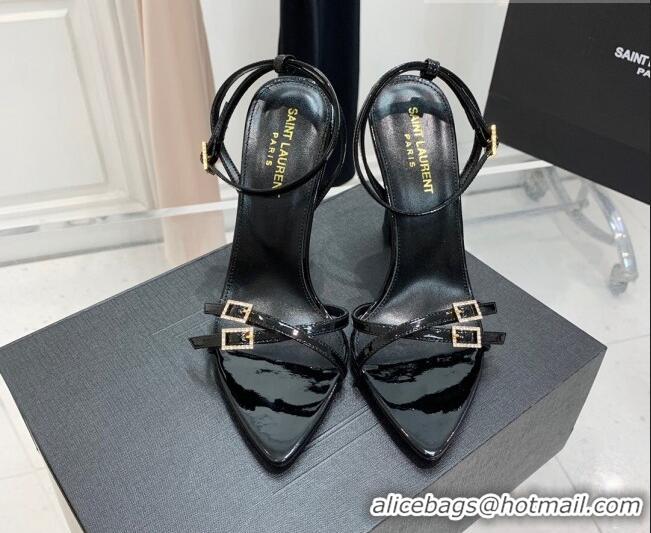 Most Popular Saint Laurent Lila Patent Leather High Heel Sandals 11cm with Crystal Buckle Black 022534