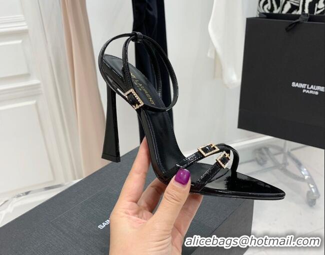 Most Popular Saint Laurent Lila Patent Leather High Heel Sandals 11cm with Crystal Buckle Black 022534