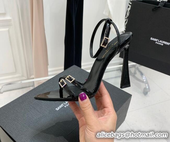 Most Popular Saint Laurent Lila Patent Leather High Heel Sandals 11cm with Crystal Buckle Black 022534