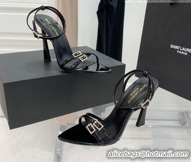 Most Popular Saint Laurent Lila Patent Leather High Heel Sandals 11cm with Crystal Buckle Black 022534