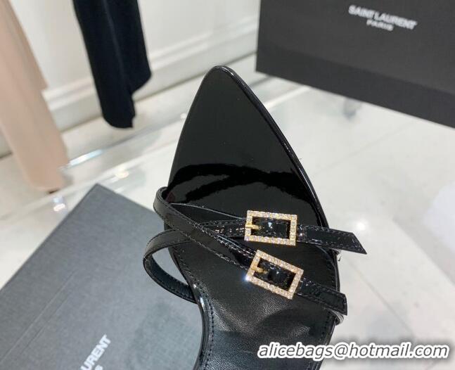 Most Popular Saint Laurent Lila Patent Leather High Heel Sandals 11cm with Crystal Buckle Black 022534