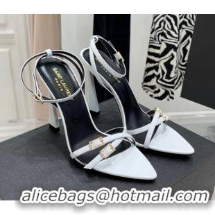 Stylish Saint Laurent Lila Patent Leather High Heel Sandals 11cm with Crystal Buckle White 022535