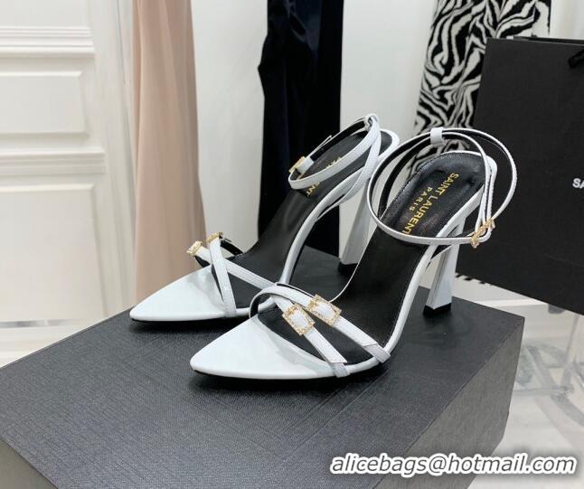 Stylish Saint Laurent Lila Patent Leather High Heel Sandals 11cm with Crystal Buckle White 022535