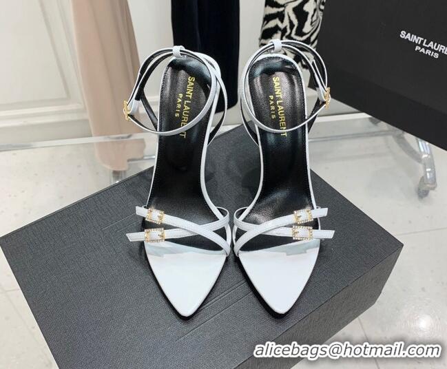 Stylish Saint Laurent Lila Patent Leather High Heel Sandals 11cm with Crystal Buckle White 022535