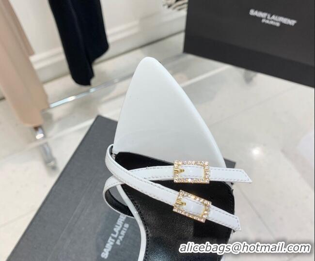 Stylish Saint Laurent Lila Patent Leather High Heel Sandals 11cm with Crystal Buckle White 022535