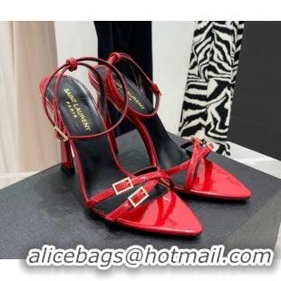 Discount Saint Laurent Lila Patent Leather High Heel Sandals 11cm with Crystal Buckle Red 022536