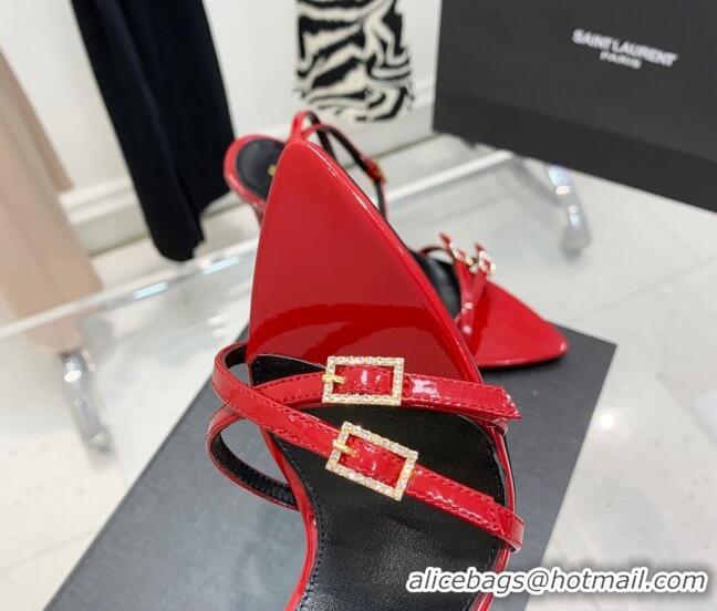 Discount Saint Laurent Lila Patent Leather High Heel Sandals 11cm with Crystal Buckle Red 022536