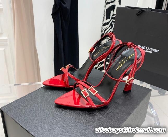 Discount Saint Laurent Lila Patent Leather High Heel Sandals 11cm with Crystal Buckle Red 022536