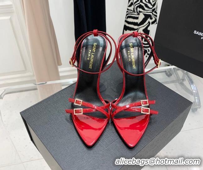 Discount Saint Laurent Lila Patent Leather High Heel Sandals 11cm with Crystal Buckle Red 022536