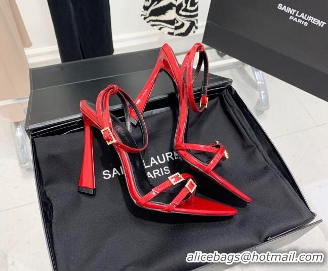 Discount Saint Laurent Lila Patent Leather High Heel Sandals 11cm with Crystal Buckle Red 022536