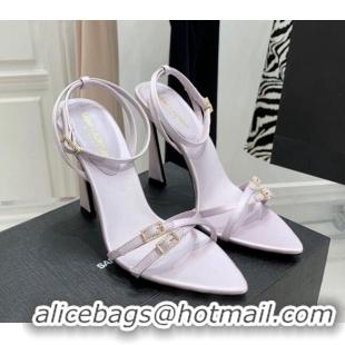 Low Price Saint Laurent Lila Silk and Leather High Heel Sandals 11cm with Crystal Buckle Light Purple 022537