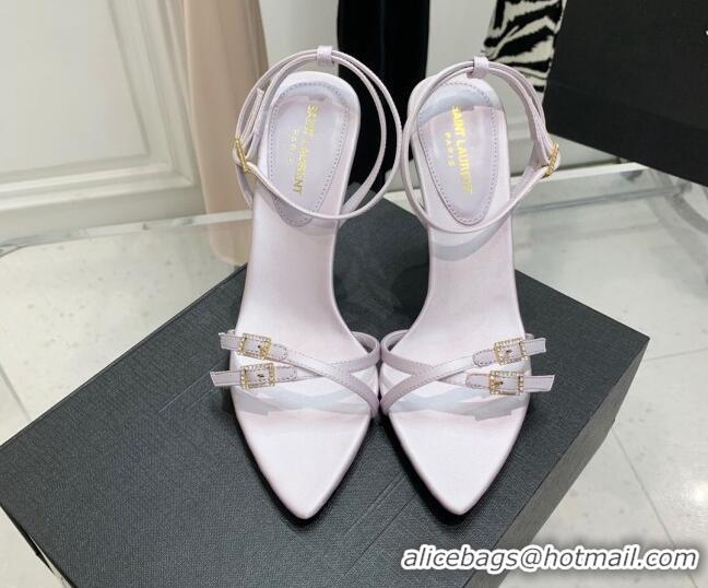 Low Price Saint Laurent Lila Silk and Leather High Heel Sandals 11cm with Crystal Buckle Light Purple 022537