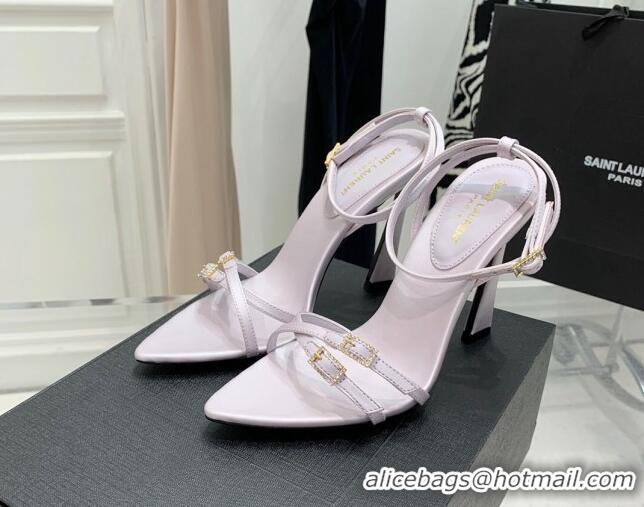 Low Price Saint Laurent Lila Silk and Leather High Heel Sandals 11cm with Crystal Buckle Light Purple 022537