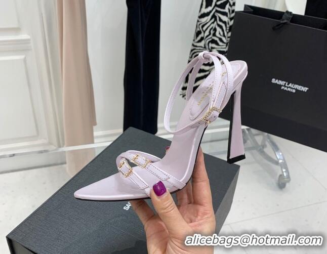 Low Price Saint Laurent Lila Silk and Leather High Heel Sandals 11cm with Crystal Buckle Light Purple 022537