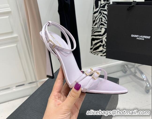 Low Price Saint Laurent Lila Silk and Leather High Heel Sandals 11cm with Crystal Buckle Light Purple 022537