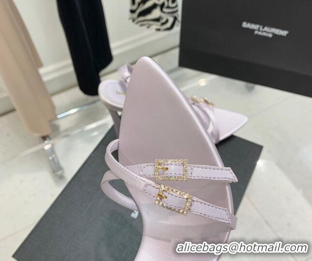 Low Price Saint Laurent Lila Silk and Leather High Heel Sandals 11cm with Crystal Buckle Light Purple 022537