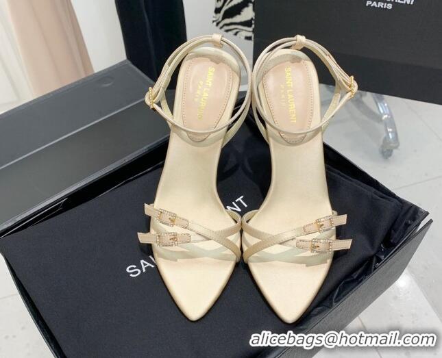 Low Cost Saint Laurent Lila Silk and Leather High Heel Sandals 11cm with Crystal Buckle Light Beige 022539